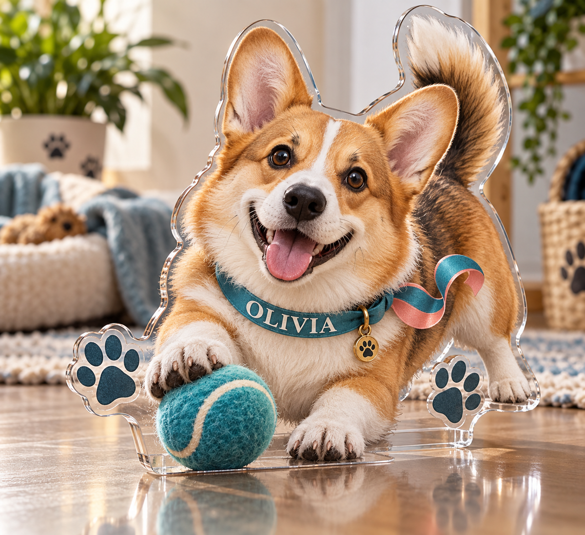 Artwork visualization: Corgi — new pet parent gift, personalized OLIVIA, subject-shaped acrylic with printed optical 3D depth; not carved relief.