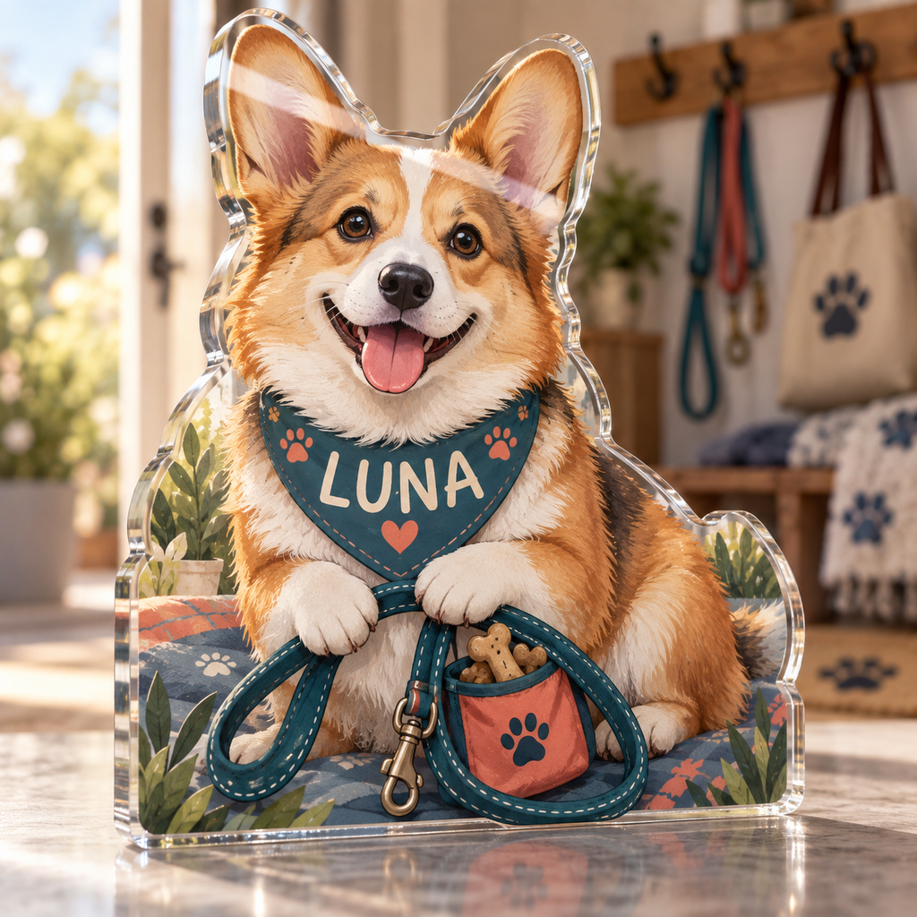 Artwork visualization: Corgi — pet sitter appreciation, personalized LUNA, subject-shaped acrylic with printed optical 3D depth; not carved relief.