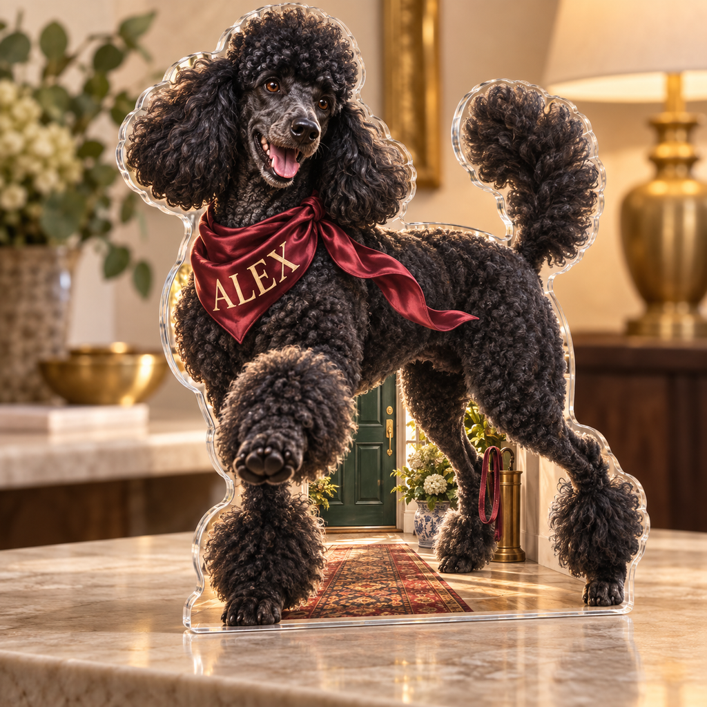 Artwork visualization: Poodle — household welcome decor, personalized ALEX, subject-shaped acrylic with printed optical 3D depth; not carved relief.