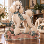 Artwork visualization: Poodle — pet room decoration, personalized AURORA, subject-shaped acrylic with printed optical 3D depth; not carved relief.