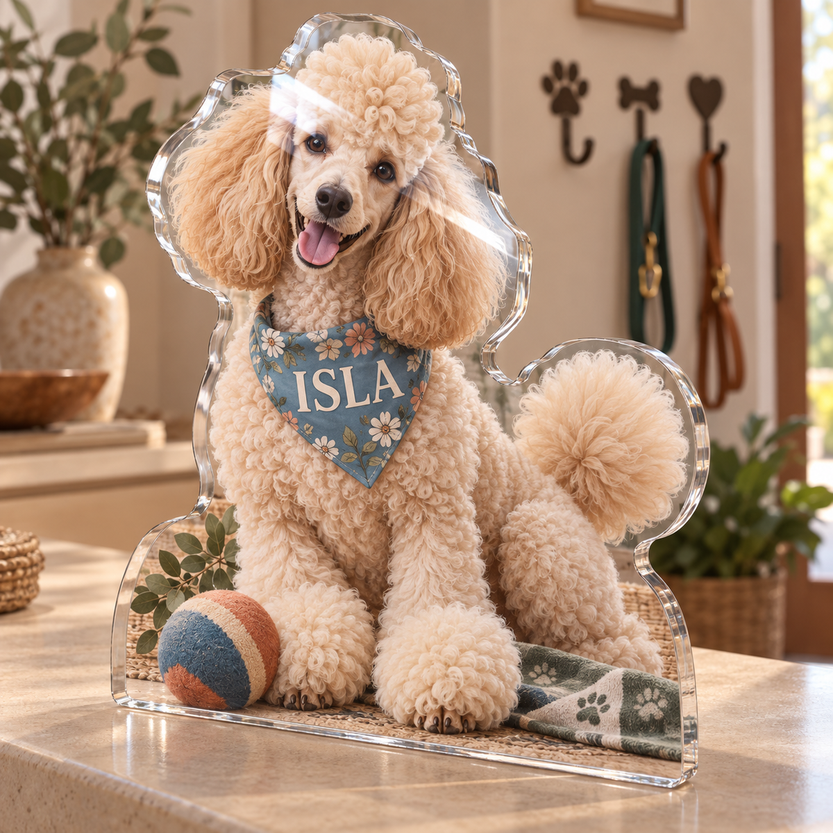 Artwork visualization: Poodle — new pet parent gift, personalized ISLA, subject-shaped acrylic with printed optical 3D depth; not carved relief.
