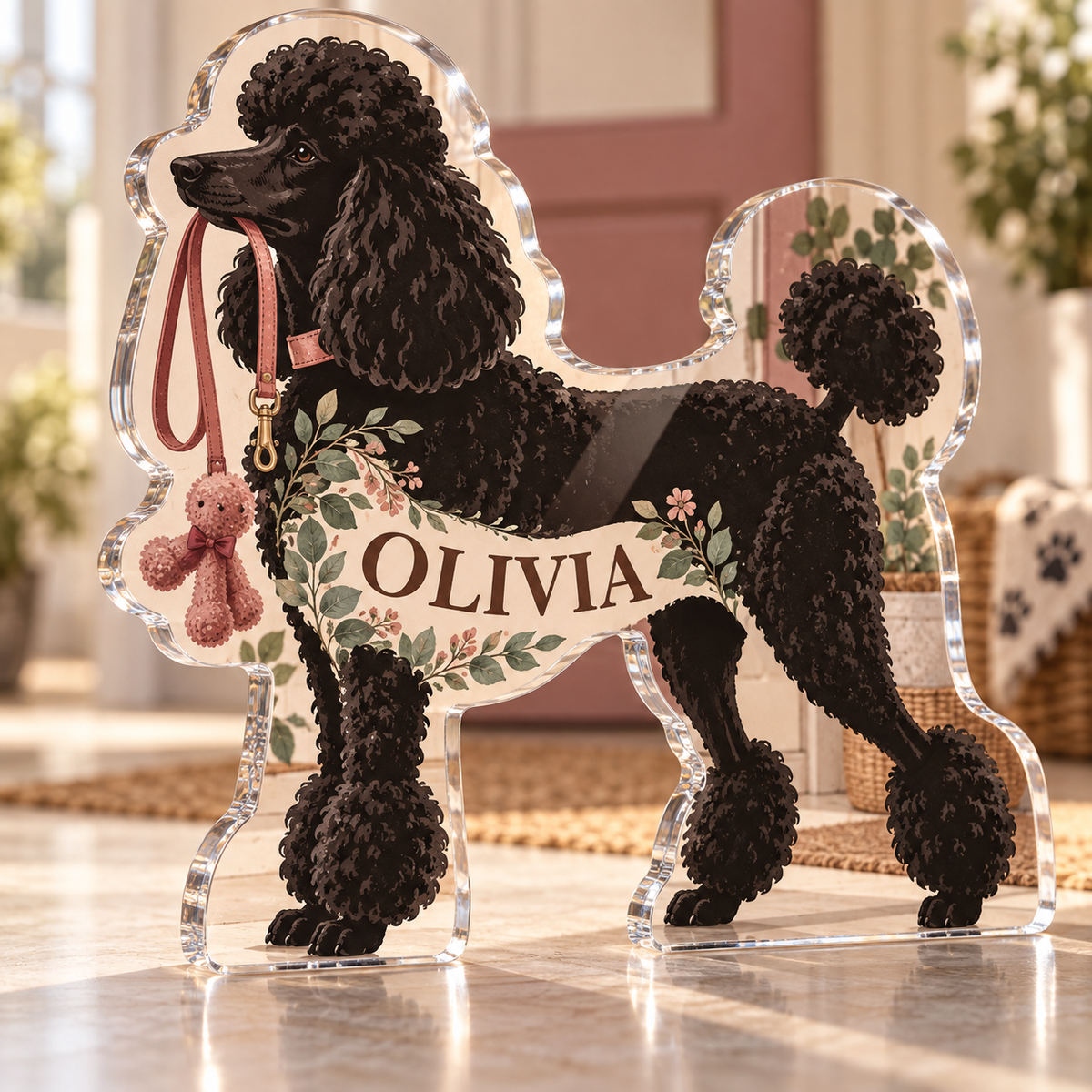 Artwork visualization: Poodle — pet sitter appreciation, personalized OLIVIA, subject-shaped acrylic with printed optical 3D depth; not carved relief.