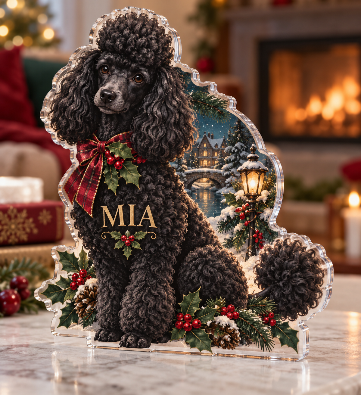 Artwork visualization: Poodle — holiday family inclusion, personalized MIA, subject-shaped acrylic with printed optical 3D depth; not carved relief.