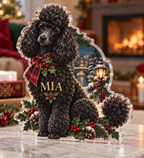 Artwork visualization: Poodle — holiday family inclusion, personalized MIA, subject-shaped acrylic with printed optical 3D depth; not carved relief.