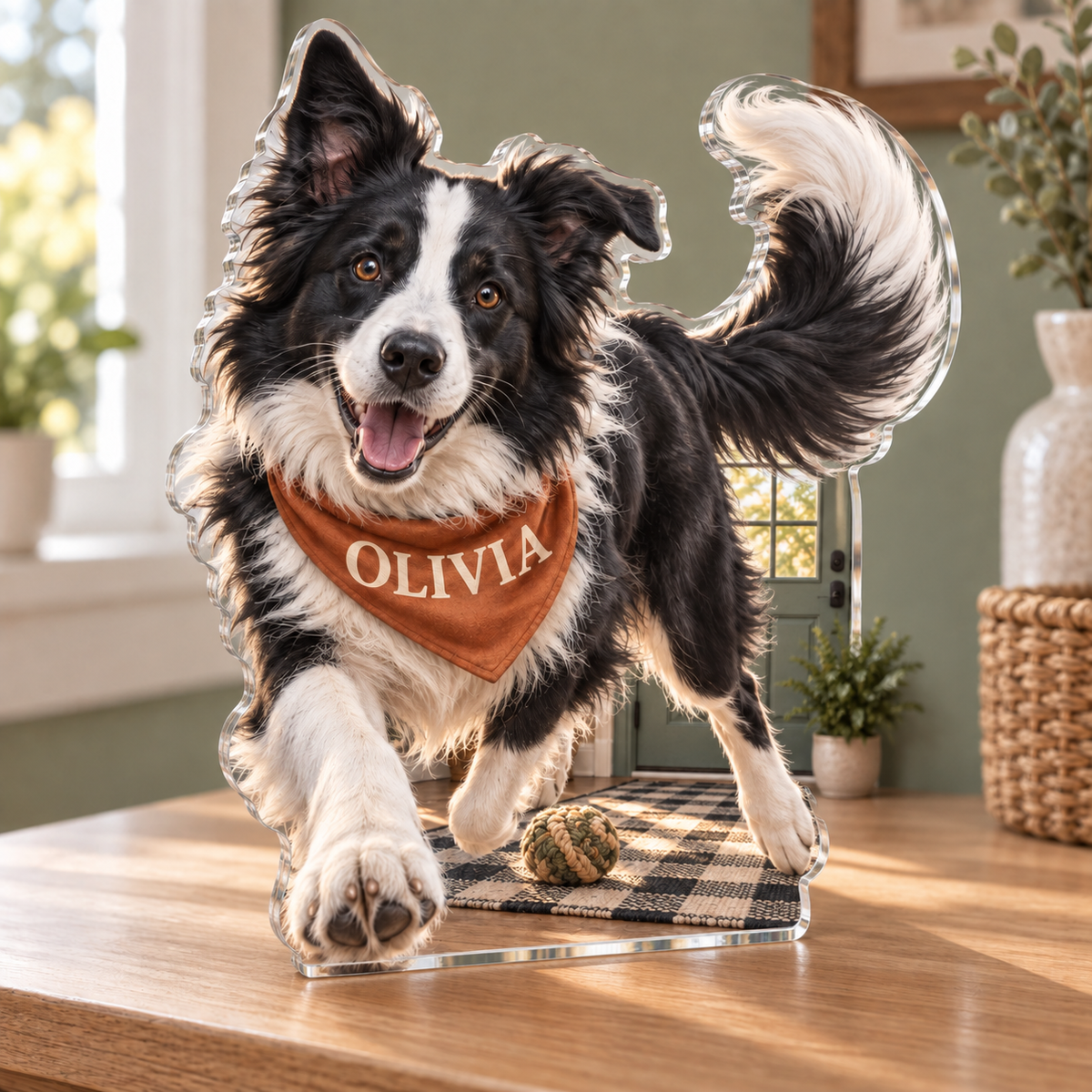 Artwork visualization: Border collie — household welcome decor, personalized OLIVIA, subject-shaped acrylic with printed optical 3D depth; not carved relief.