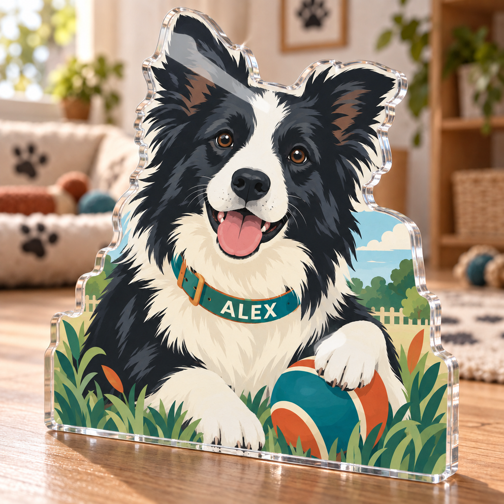 Artwork visualization: Border collie — pet room decoration, personalized ALEX, subject-shaped acrylic with printed optical 3D depth; not carved relief.