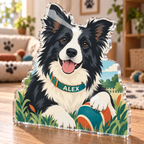 Artwork visualization: Border collie — pet room decoration, personalized ALEX, subject-shaped acrylic with printed optical 3D depth; not carved relief.