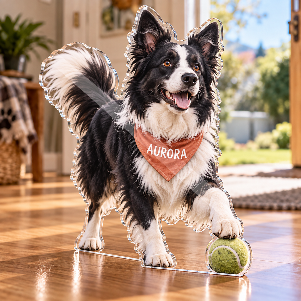 Artwork visualization: Border collie — new pet parent gift, personalized AURORA, subject-shaped acrylic with printed optical 3D depth; not carved relief.