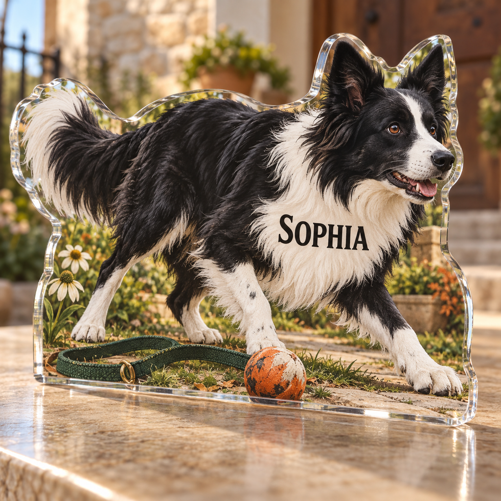Artwork visualization: Border collie — pet sitter appreciation, personalized SOPHIA, subject-shaped acrylic with printed optical 3D depth; not carved relief.