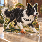 Artwork visualization: Border collie — pet sitter appreciation, personalized SOPHIA, subject-shaped acrylic with printed optical 3D depth; not carved relief.