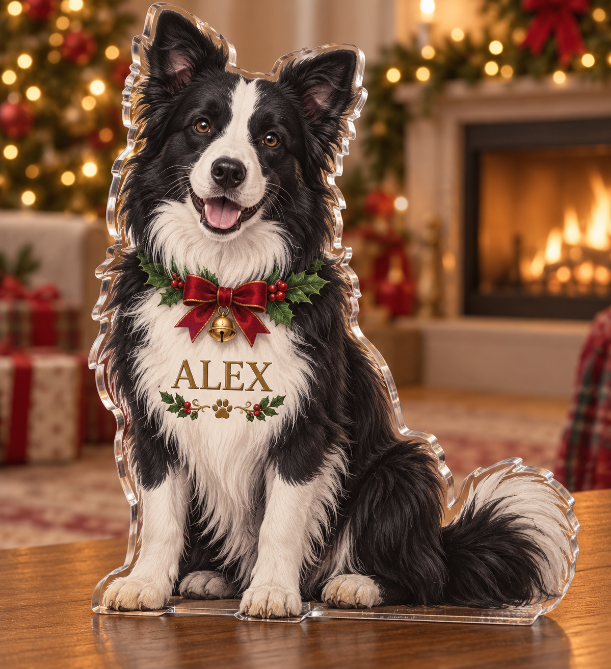 Artwork visualization: Border collie — holiday family inclusion, personalized ALEX, subject-shaped acrylic with printed optical 3D depth; not carved relief.