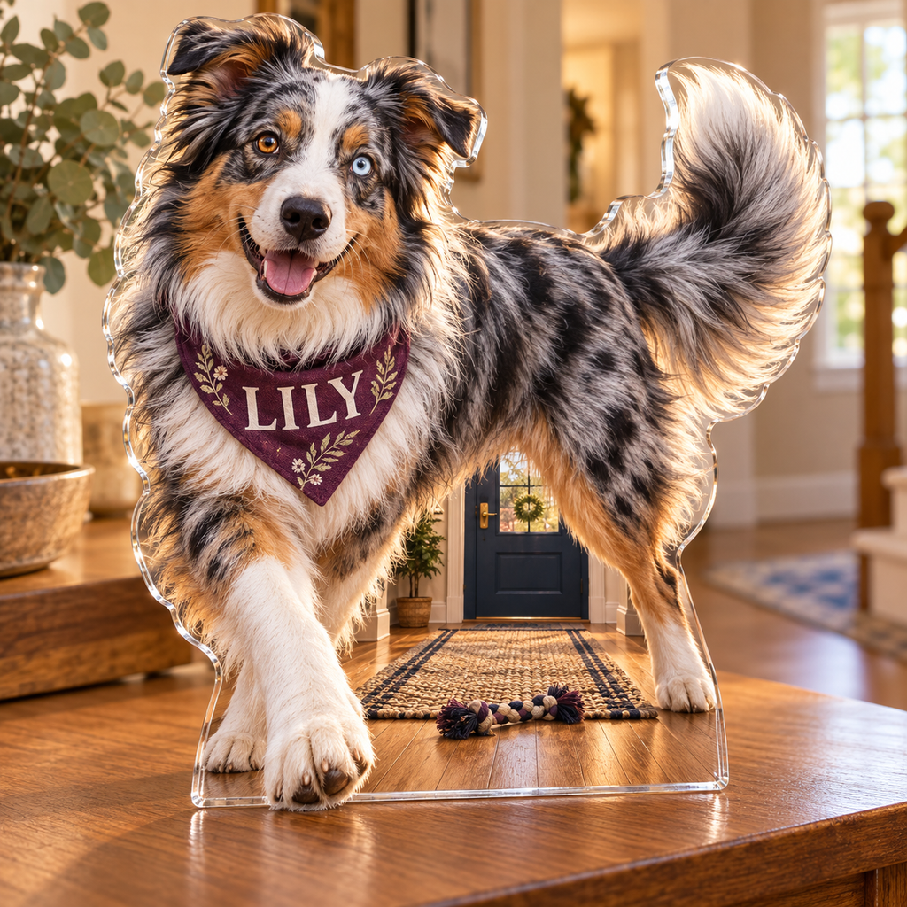Artwork visualization: Australian shepherd — household welcome decor, personalized LILY, subject-shaped acrylic with printed optical 3D depth; not carved relief.