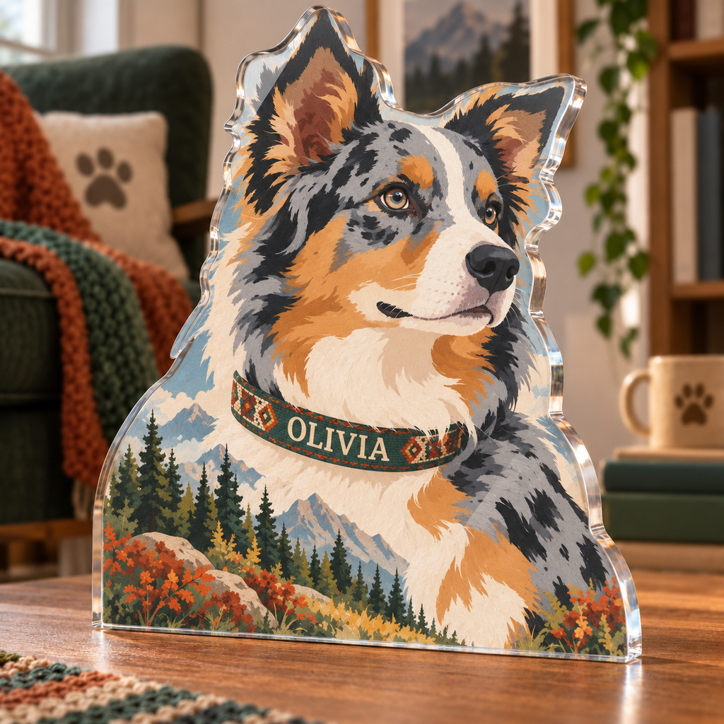 Artwork visualization: Australian shepherd — pet room decoration, personalized OLIVIA, subject-shaped acrylic with printed optical 3D depth; not carved relief.