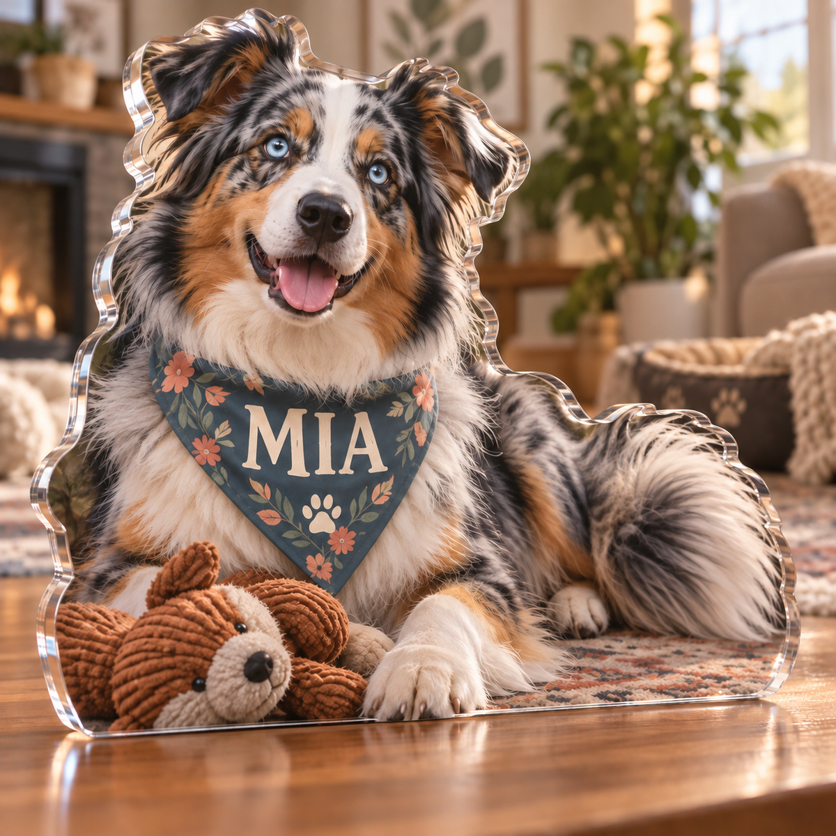 Artwork visualization: Australian shepherd — new pet parent gift, personalized MIA, subject-shaped acrylic with printed optical 3D depth; not carved relief.