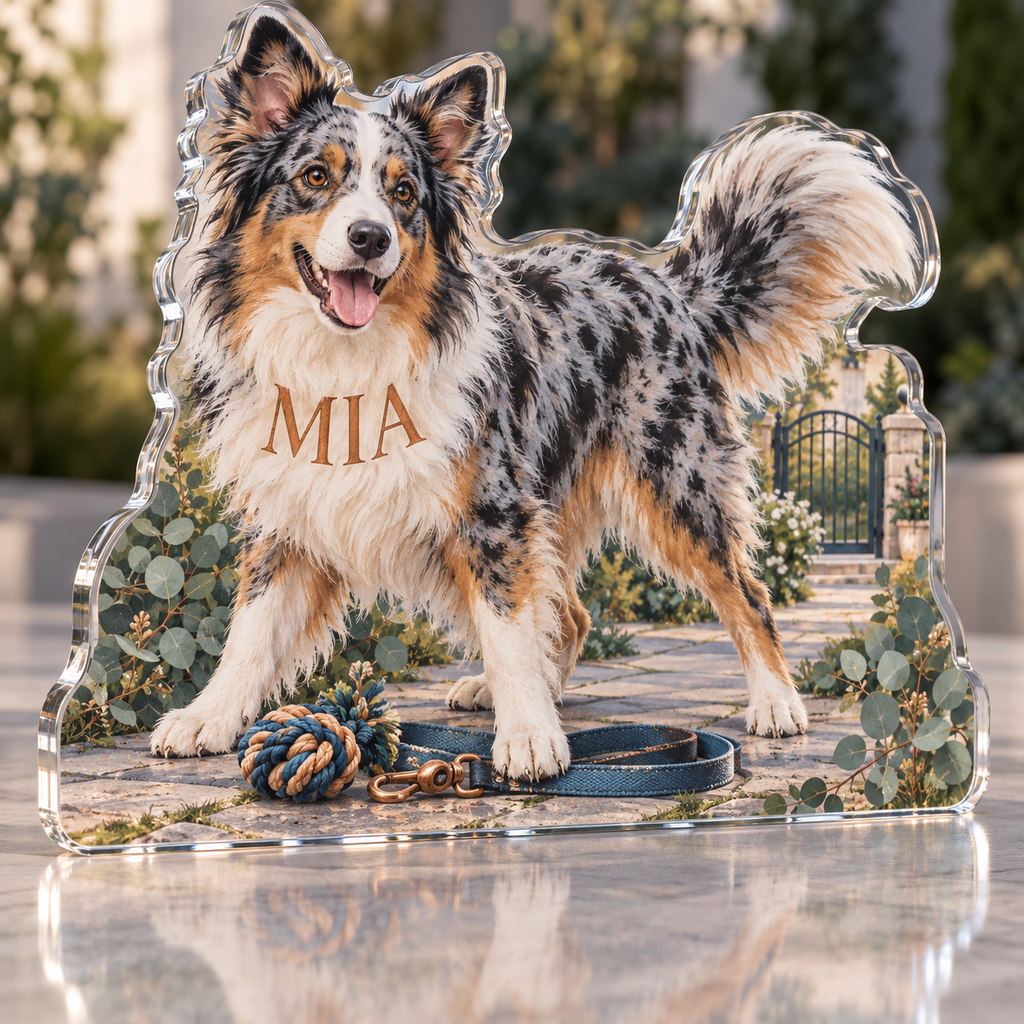 Artwork visualization: Australian shepherd — pet sitter appreciation, personalized MIA, subject-shaped acrylic with printed optical 3D depth; not carved relief.