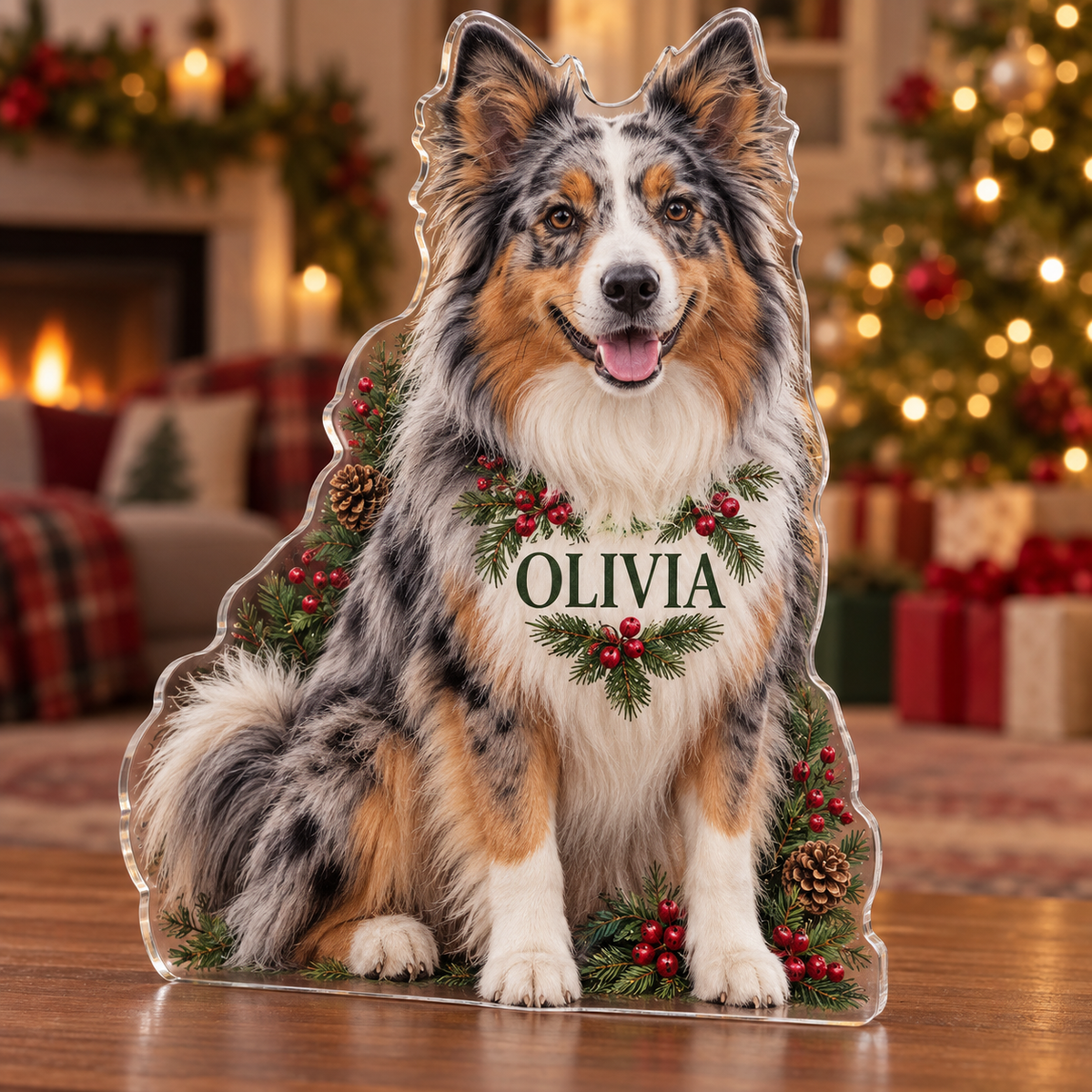 Artwork visualization: Australian shepherd — holiday family inclusion, personalized OLIVIA, subject-shaped acrylic with printed optical 3D depth; not carved relief.