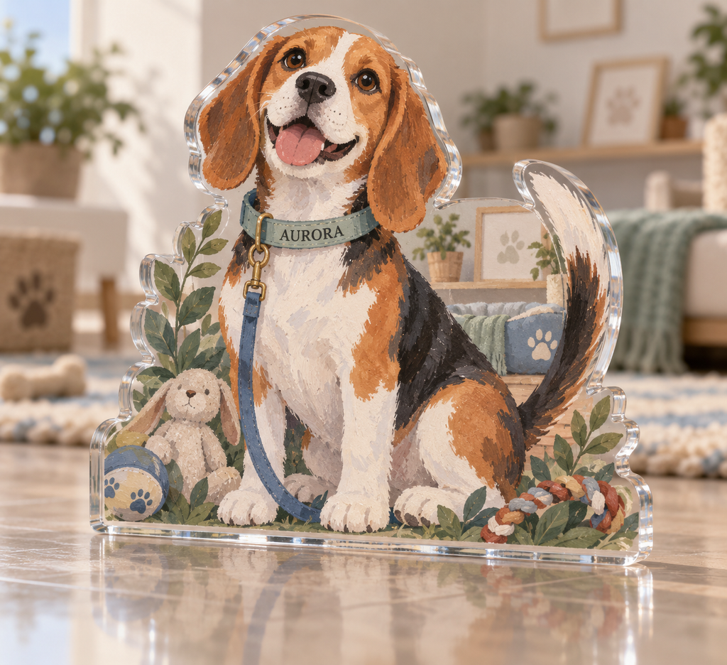 Artwork visualization: Beagle — pet room decoration, personalized AURORA, subject-shaped acrylic with printed optical 3D depth; not carved relief.