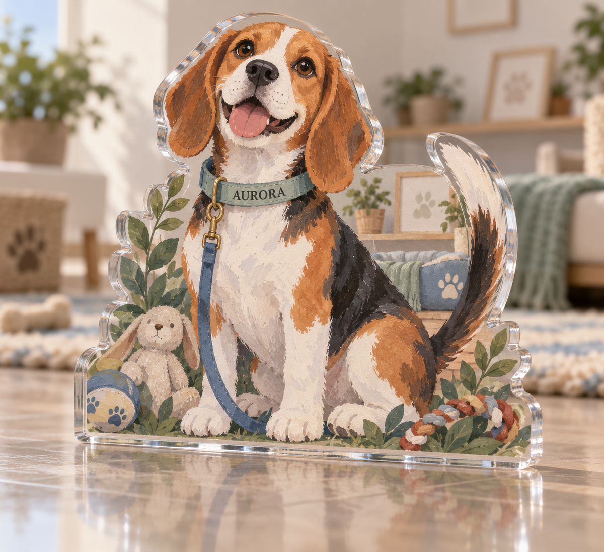 Artwork visualization: Beagle — pet room decoration, personalized AURORA, subject-shaped acrylic with printed optical 3D depth; not carved relief.