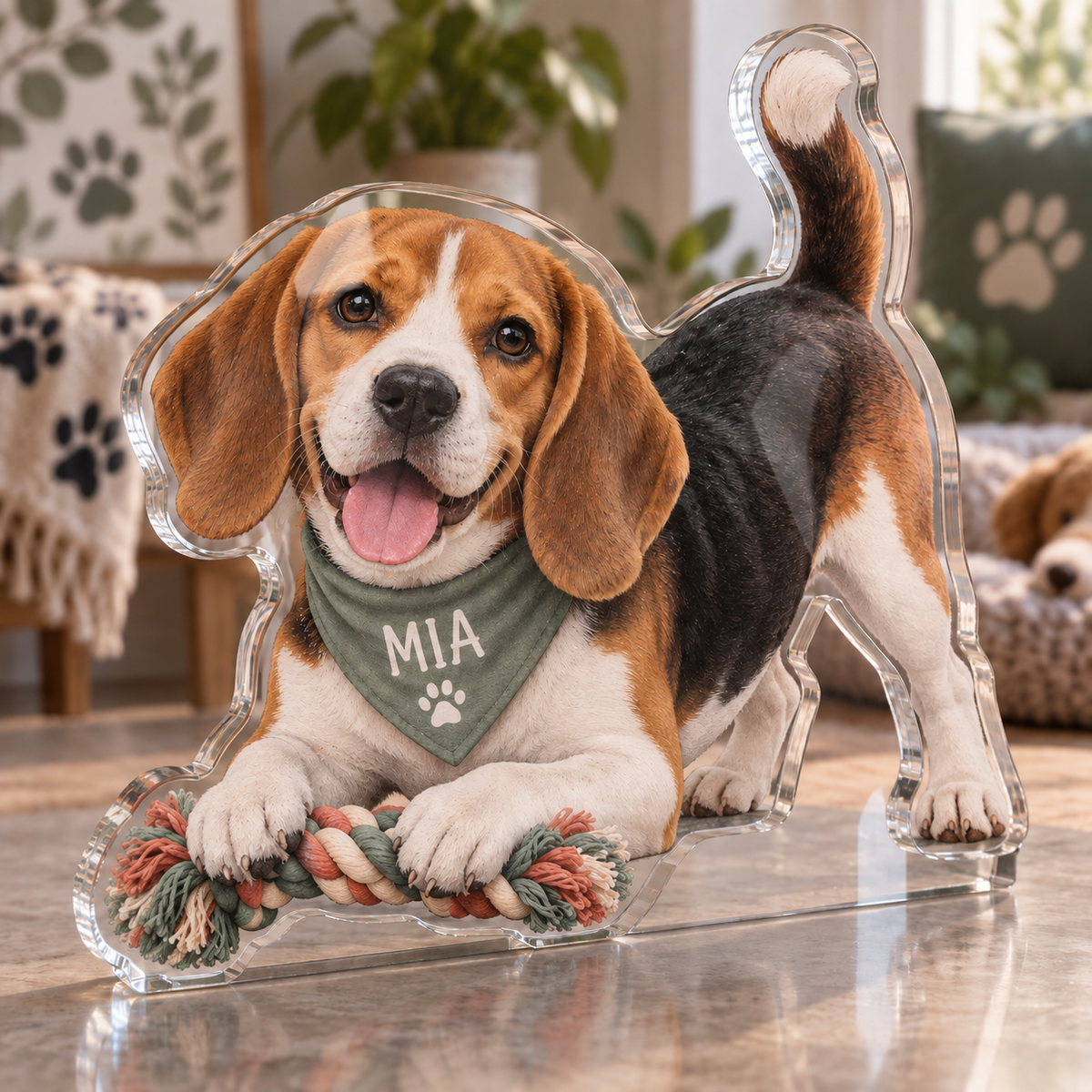 Artwork visualization: Beagle — new pet parent gift, personalized MIA, subject-shaped acrylic with printed optical 3D depth; not carved relief.