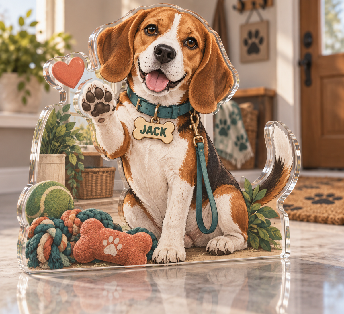 Artwork visualization: Beagle — pet sitter appreciation, personalized JACK, subject-shaped acrylic with printed optical 3D depth; not carved relief.