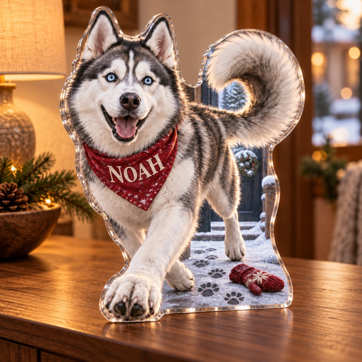 Personalized Husky Household Welcome Decor custom shape acrylic plaque with an example name set into the artwork, digital preview