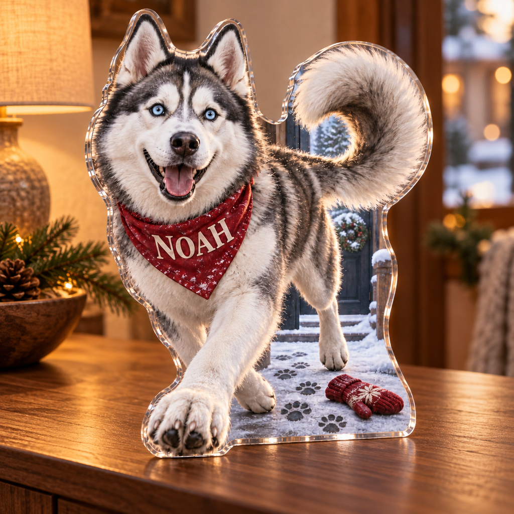 Artwork visualization: Husky — household welcome decor, personalized NOAH, subject-shaped acrylic with printed optical 3D depth; not carved relief.