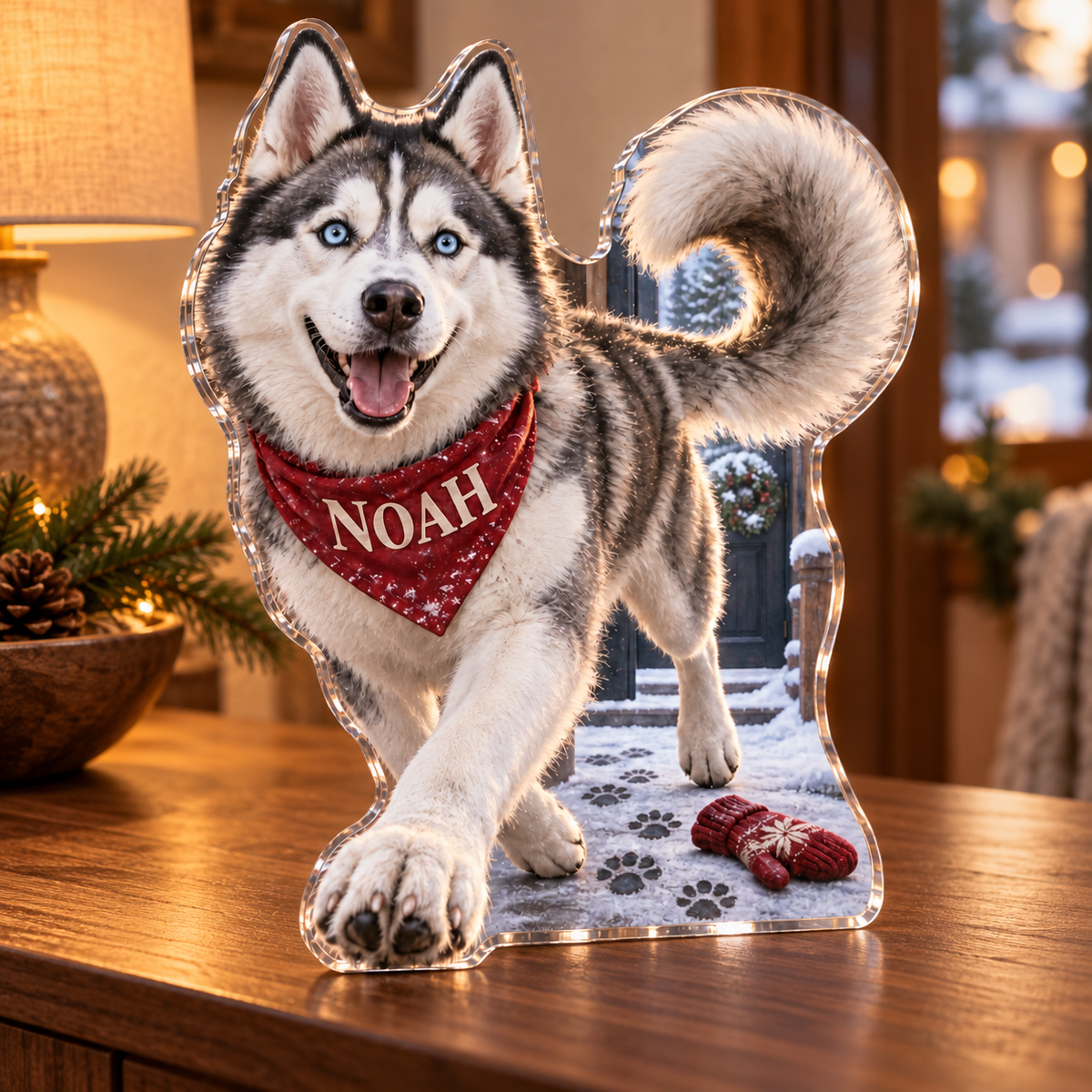 Artwork visualization: Husky — household welcome decor, personalized NOAH, subject-shaped acrylic with printed optical 3D depth; not carved relief.