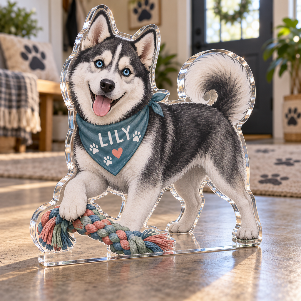 Artwork visualization: Husky — new pet parent gift, personalized LILY, subject-shaped acrylic with printed optical 3D depth; not carved relief.
