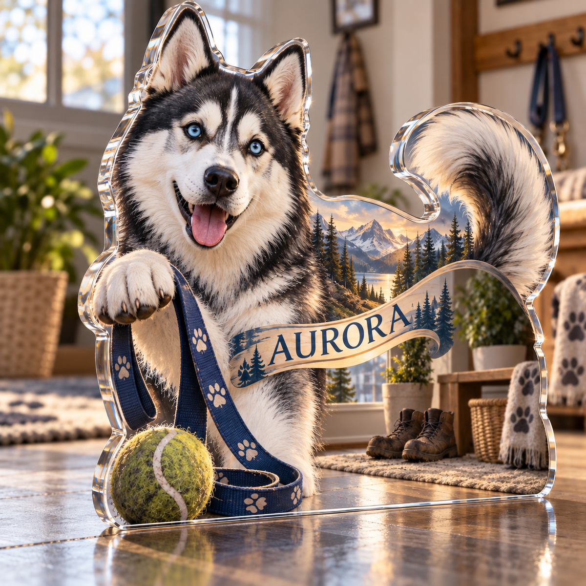 Artwork visualization: Husky — pet sitter appreciation, personalized AURORA, subject-shaped acrylic with printed optical 3D depth; not carved relief.