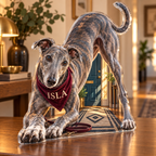 Artwork visualization: Greyhound — household welcome decor, personalized ISLA, subject-shaped acrylic with printed optical 3D depth; not carved relief.