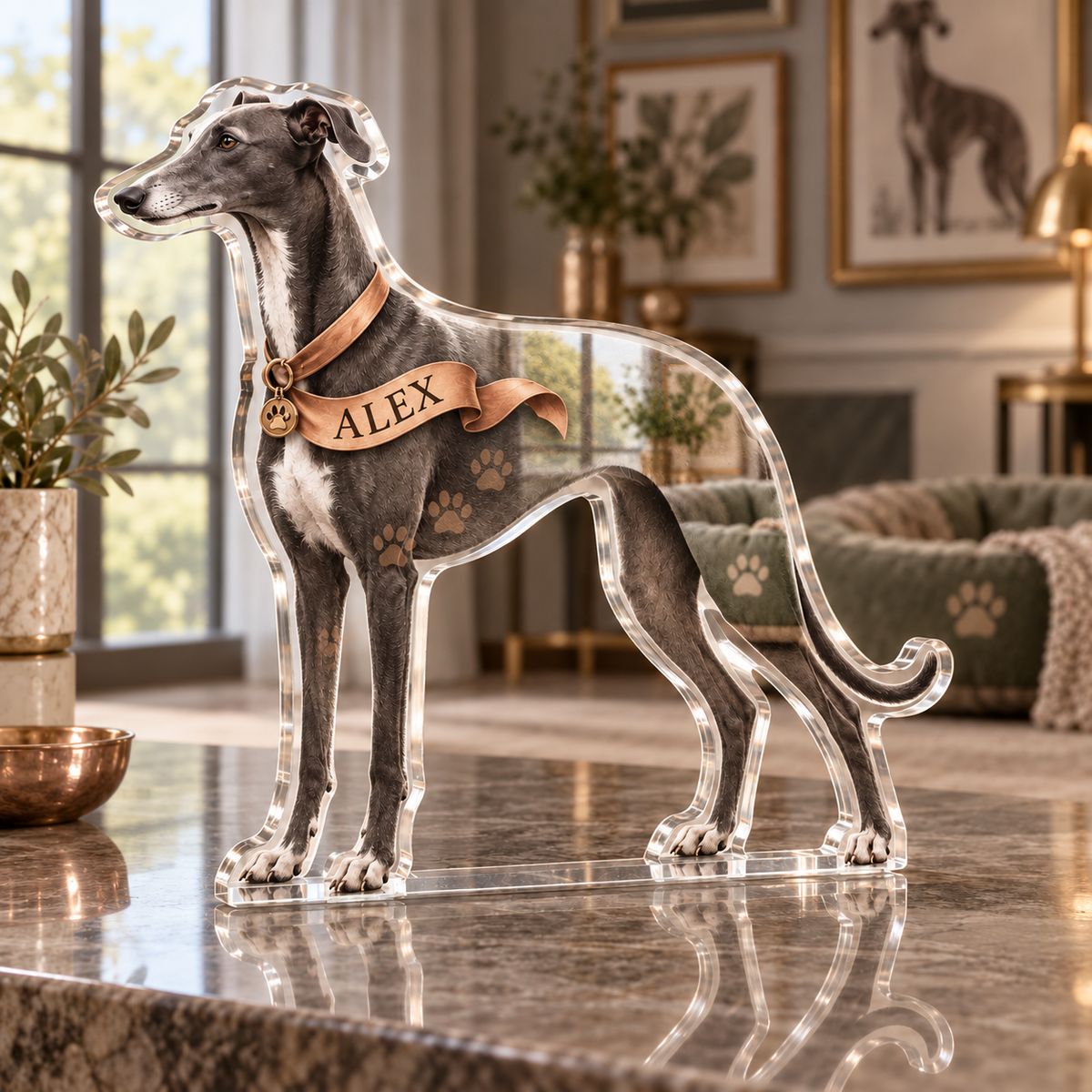 Artwork visualization: Greyhound — pet room decoration, personalized ALEX, subject-shaped acrylic with printed optical 3D depth; not carved relief.