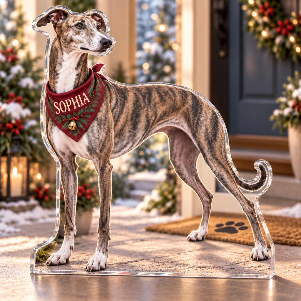 Artwork visualization: Greyhound — new pet parent gift, personalized SOPHIA, subject-shaped acrylic with printed optical 3D depth; not carved relief.