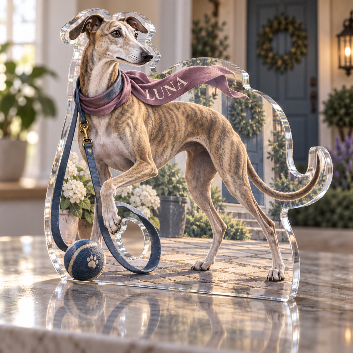 Artwork visualization: Greyhound — pet sitter appreciation, personalized LUNA, subject-shaped acrylic with printed optical 3D depth; not carved relief.