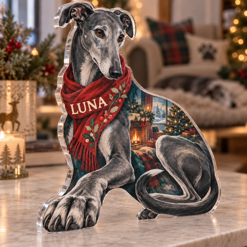 Personalized Greyhound — Holiday Family Inclusion acrylic plaque with an example name set into the artwork, digital preview