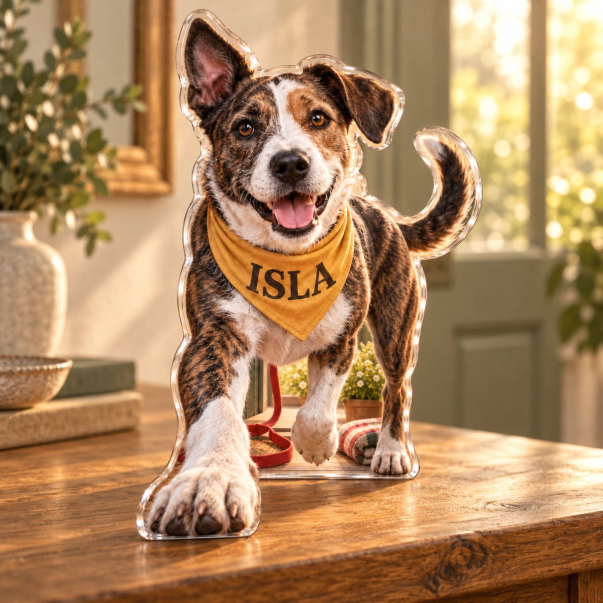 Personalized Rescue Mixed Breed Dog Household Welcome Decor custom shape acrylic plaque with an example name set into the artwork, digital preview