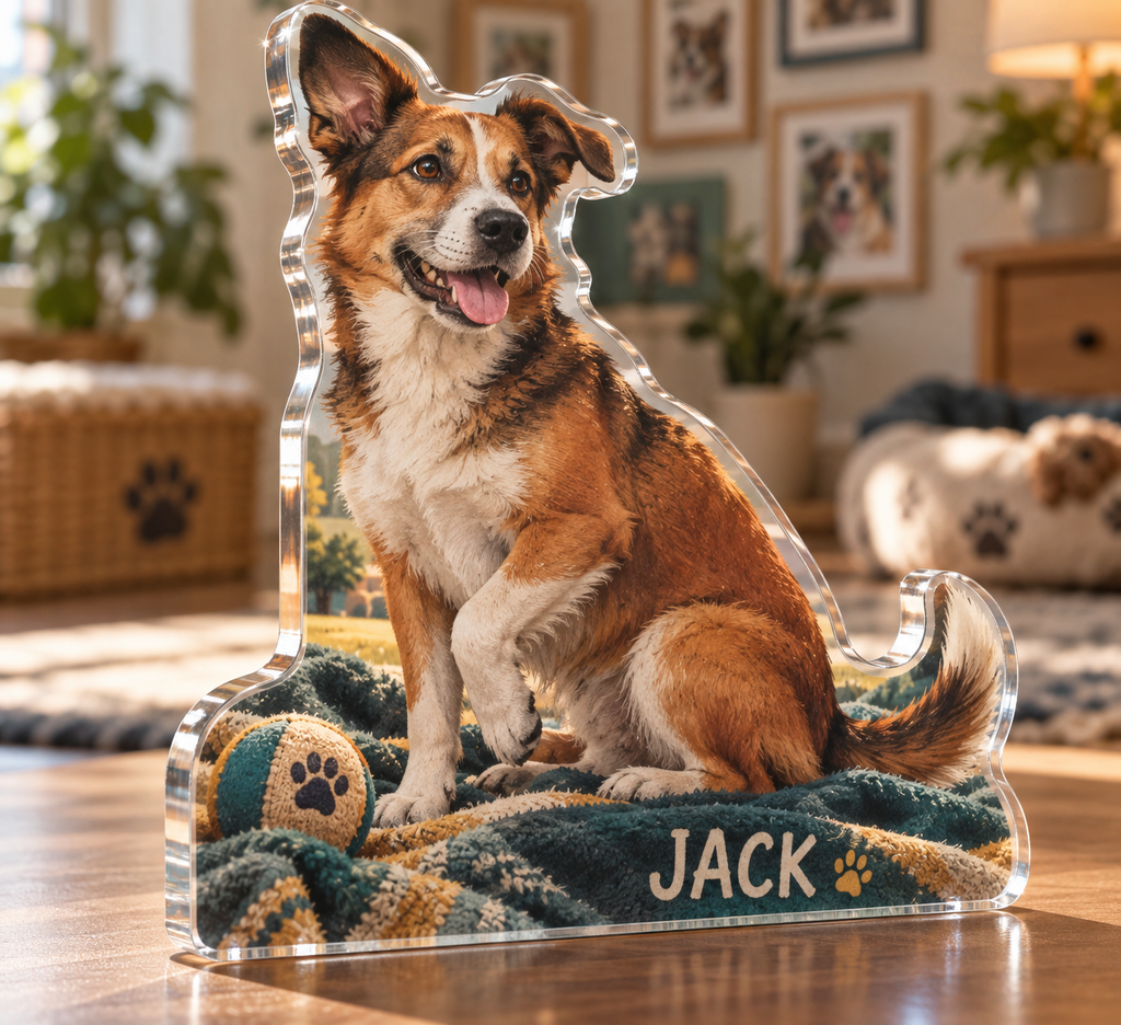 Artwork visualization: Rescue mixed breed dog — pet room decoration, personalized JACK, subject-shaped acrylic with printed optical 3D depth; not carved relief.