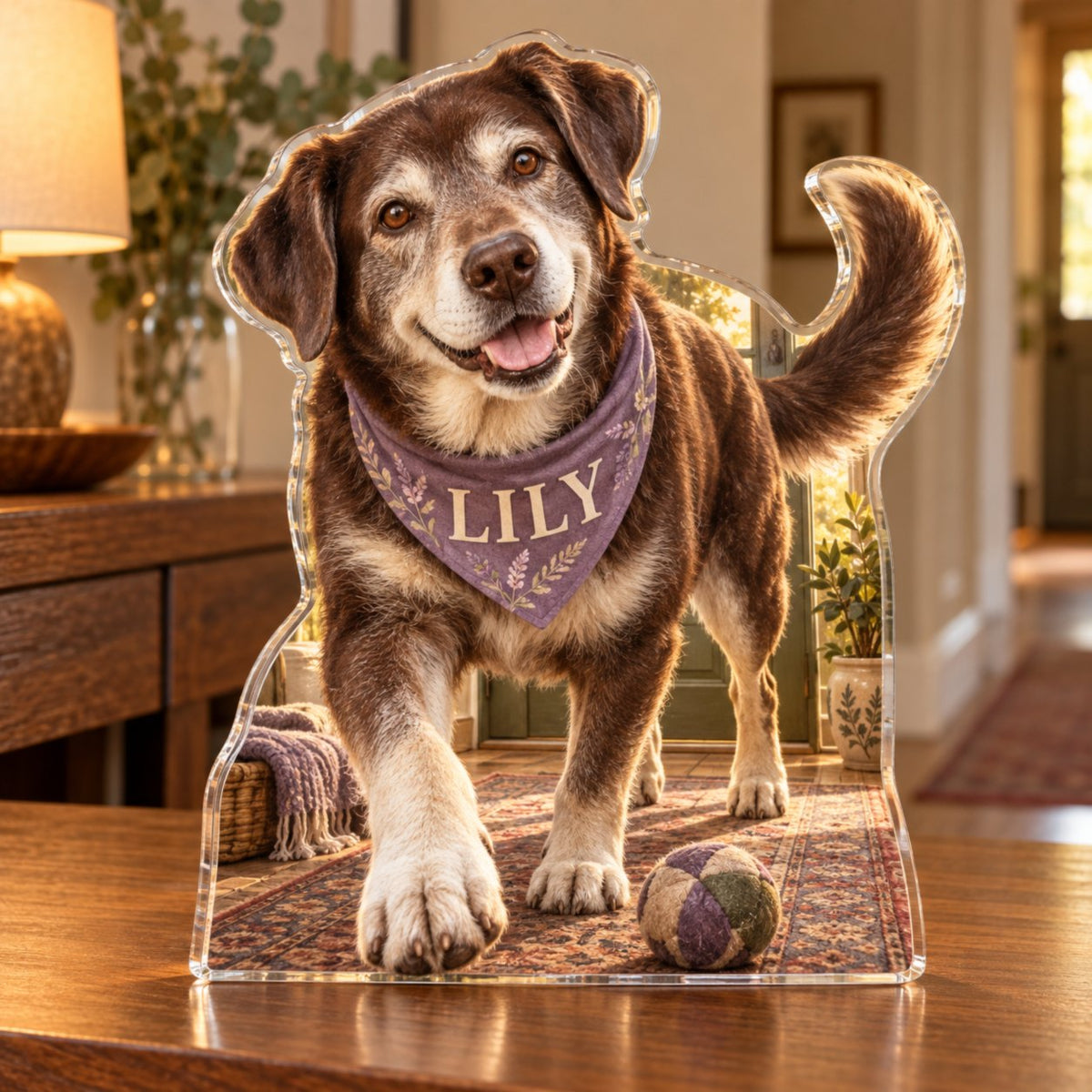 Personalized Senior Dog Companion Household Welcome Decor custom shape acrylic plaque with an example name set into the artwork, digital preview