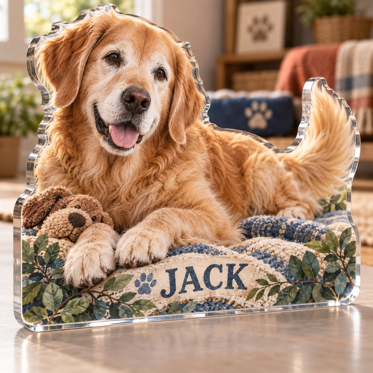 Artwork visualization: Senior dog companion — pet room decoration, personalized JACK, subject-shaped acrylic with printed optical 3D depth; not carved relief.