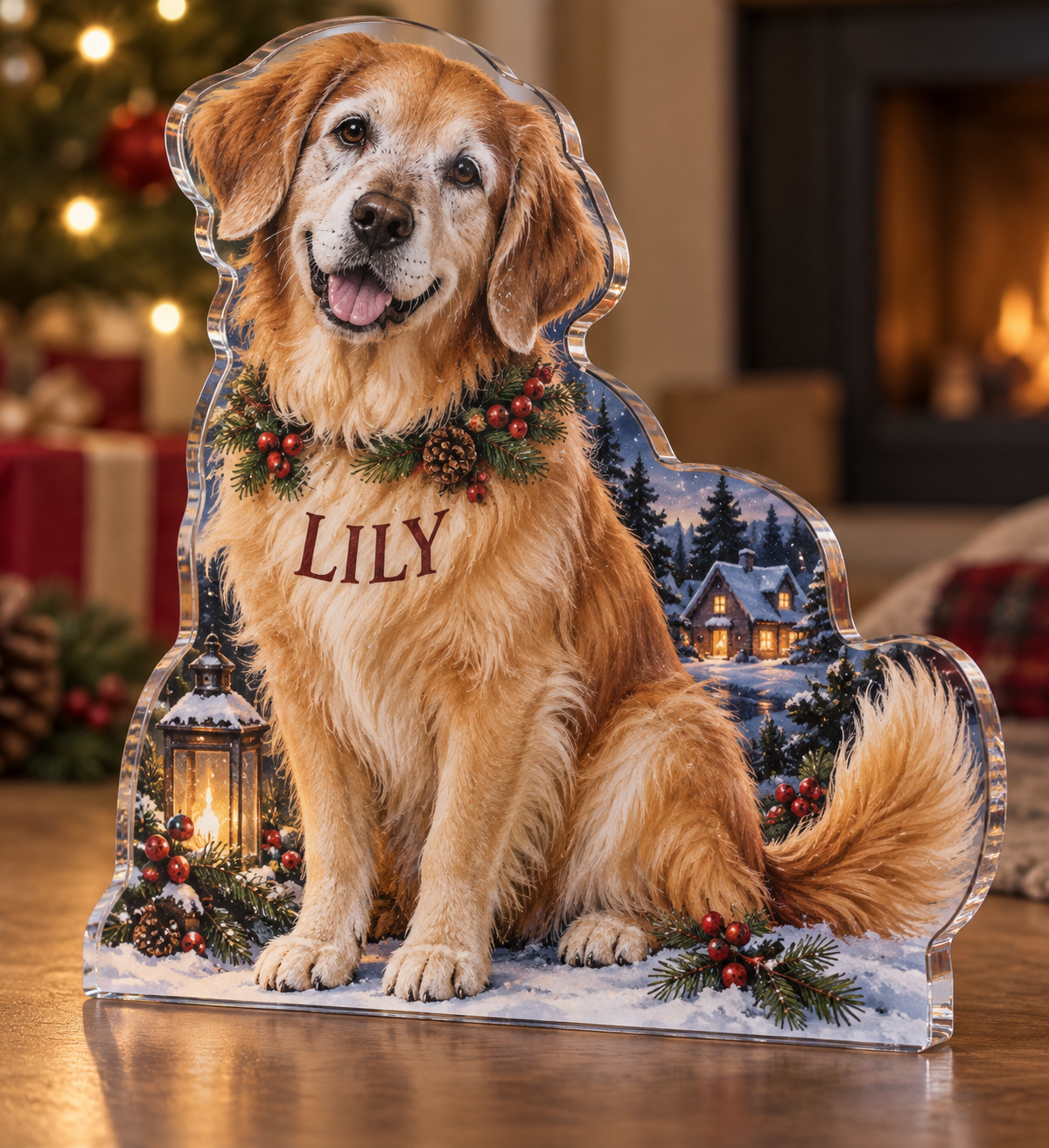 Artwork visualization: Senior dog companion — new pet parent gift, personalized LILY, subject-shaped acrylic with printed optical 3D depth; not carved relief.