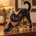 Artwork visualization: Black cat — household welcome decor, personalized AVA, subject-shaped acrylic with printed optical 3D depth; not carved relief.