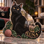 Artwork visualization: Black cat — pet room decoration, personalized LUNA, subject-shaped acrylic with printed optical 3D depth; not carved relief.
