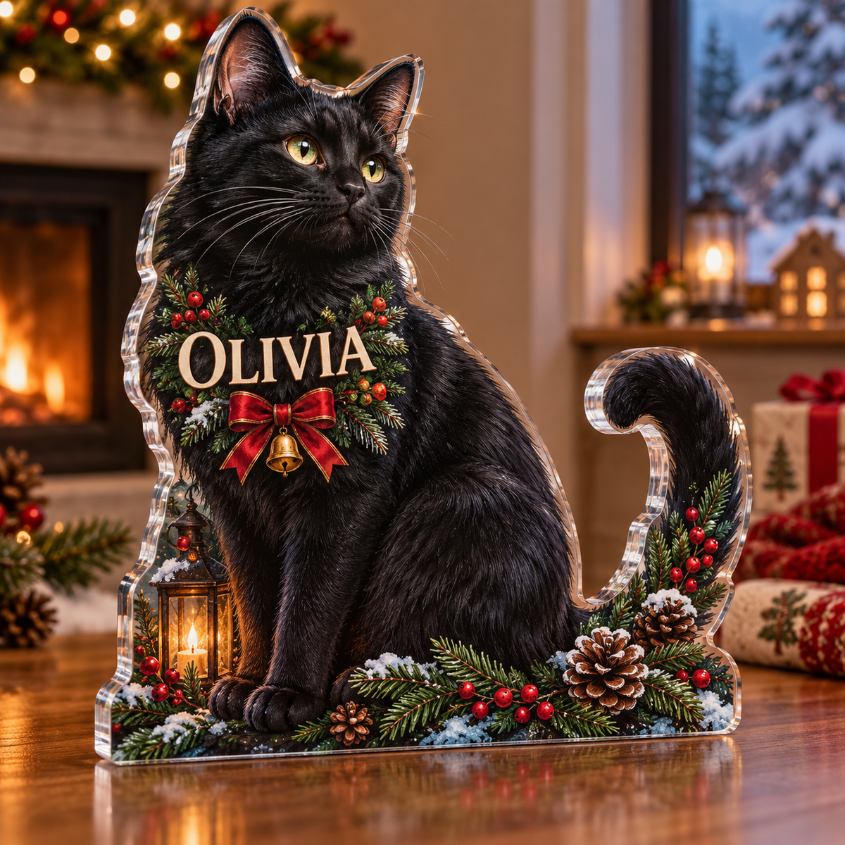 Artwork visualization: Black cat — new pet parent gift, personalized OLIVIA, subject-shaped acrylic with printed optical 3D depth; not carved relief.