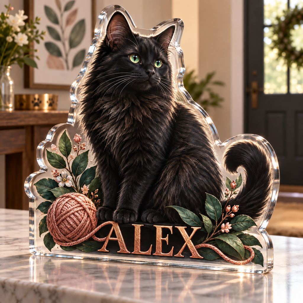 Artwork visualization: Black cat — pet sitter appreciation, personalized ALEX, subject-shaped acrylic with printed optical 3D depth; not carved relief.
