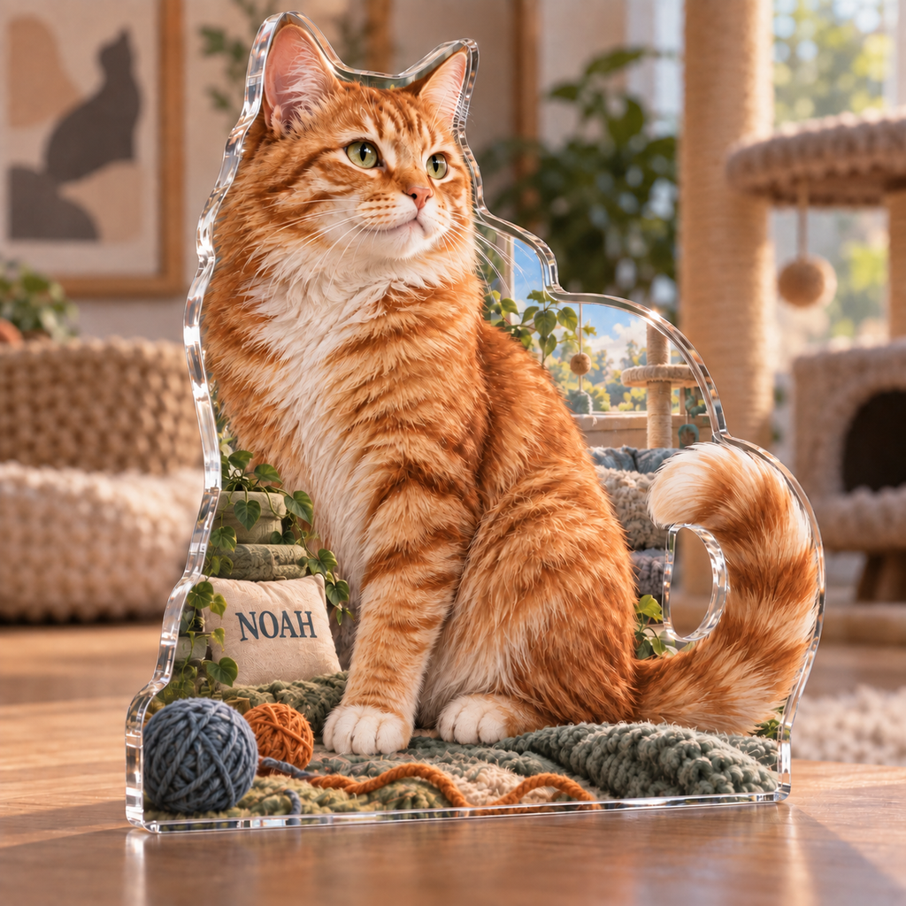 Artwork visualization: Orange tabby cat — pet room decoration, personalized NOAH, subject-shaped acrylic with printed optical 3D depth; not carved relief.