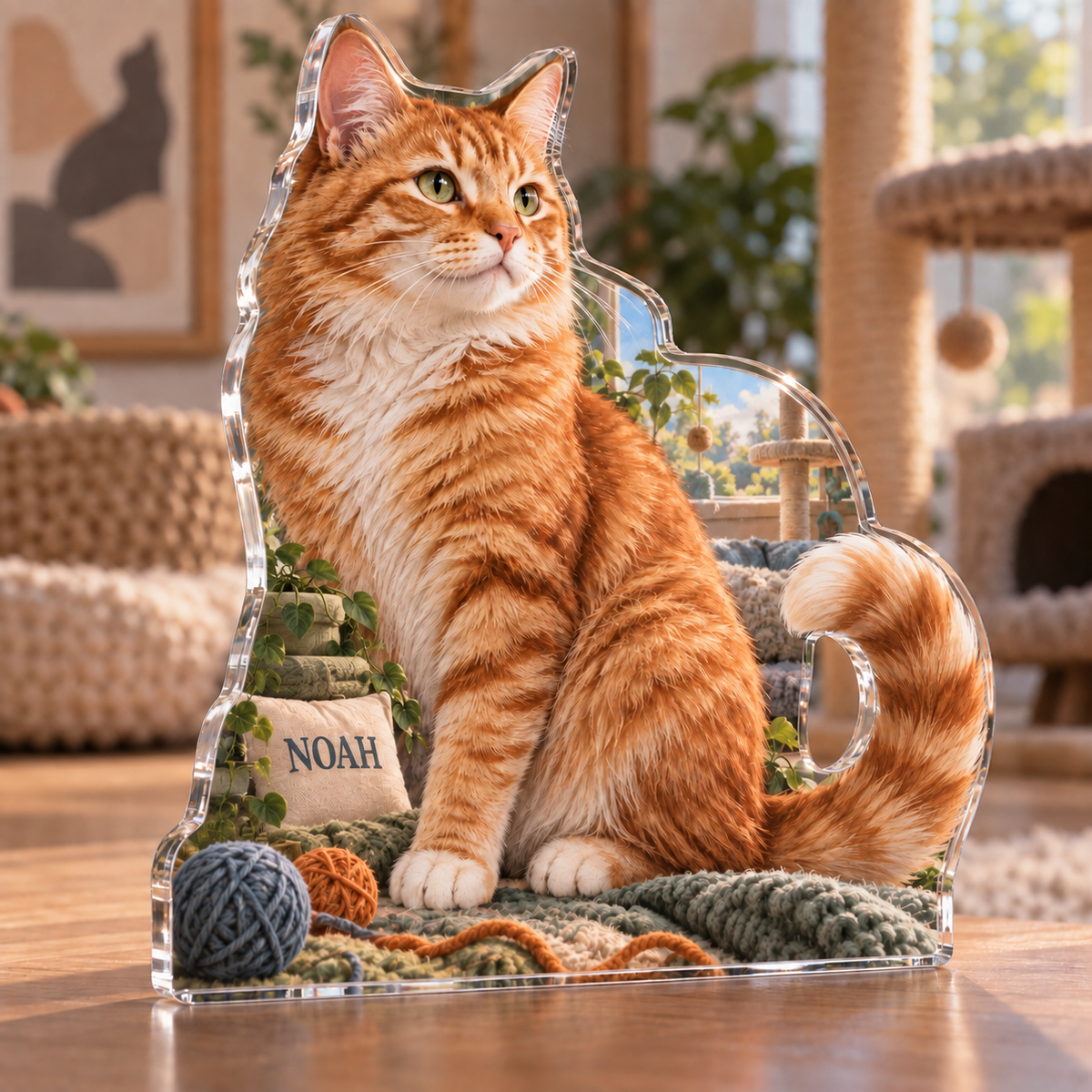 Artwork visualization: Orange tabby cat — pet room decoration, personalized NOAH, subject-shaped acrylic with printed optical 3D depth; not carved relief.
