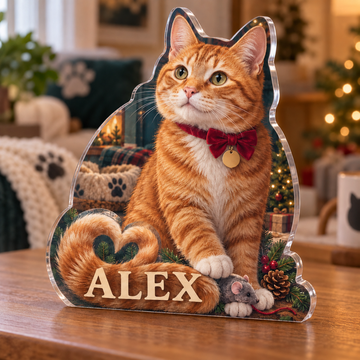 Artwork visualization: Orange tabby cat — new pet parent gift, personalized ALEX, subject-shaped acrylic with printed optical 3D depth; not carved relief.