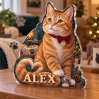 Artwork visualization: Orange tabby cat — new pet parent gift, personalized ALEX, subject-shaped acrylic with printed optical 3D depth; not carved relief.