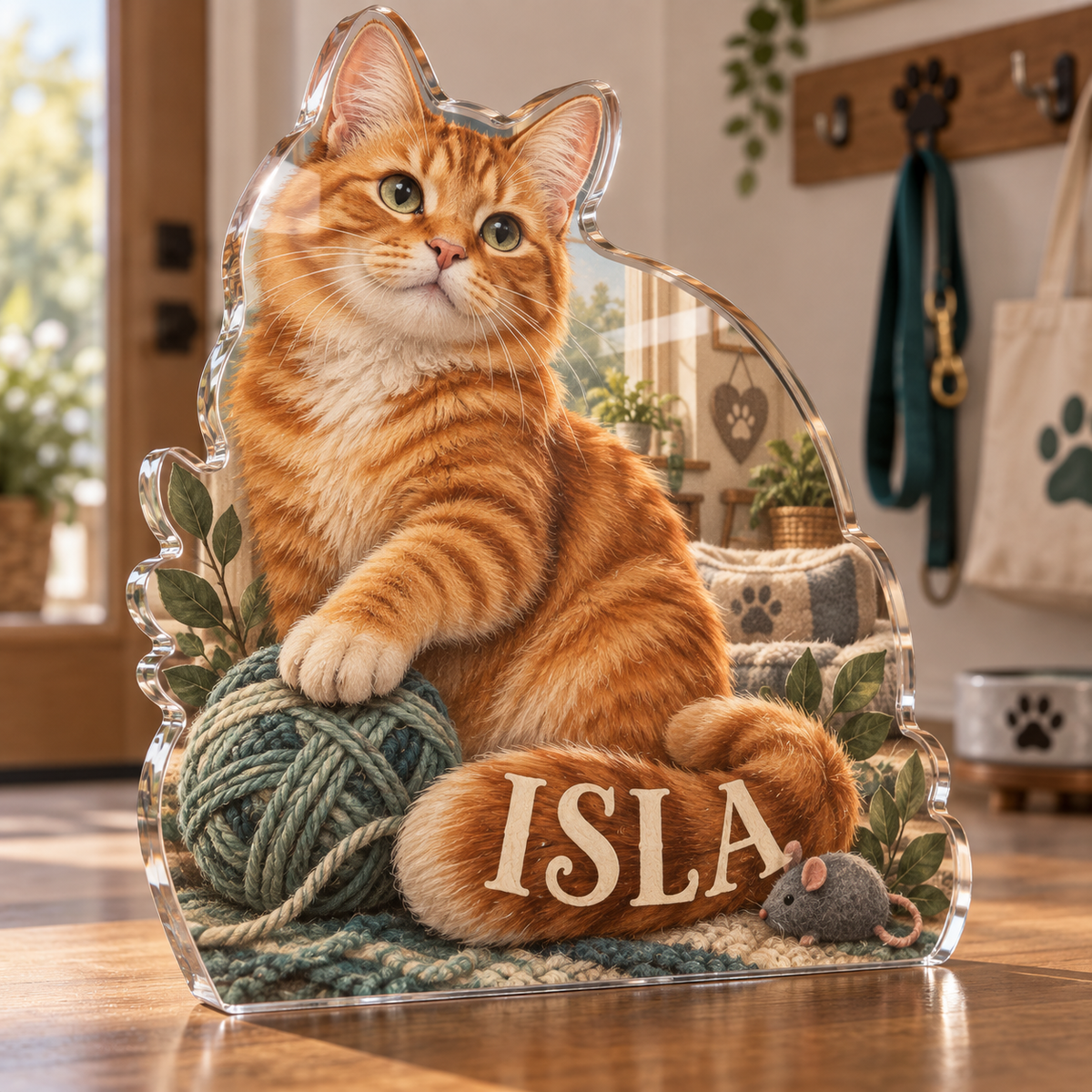 Artwork visualization: Orange tabby cat — pet sitter appreciation, personalized ISLA, subject-shaped acrylic with printed optical 3D depth; not carved relief.
