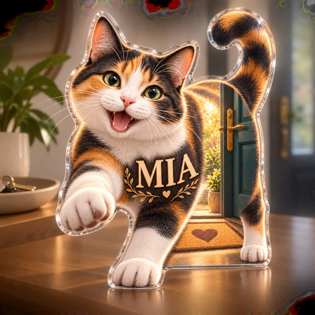 Personalized Calico Cat Household Welcome Decor custom shape acrylic plaque with an example name set into the artwork, digital preview
