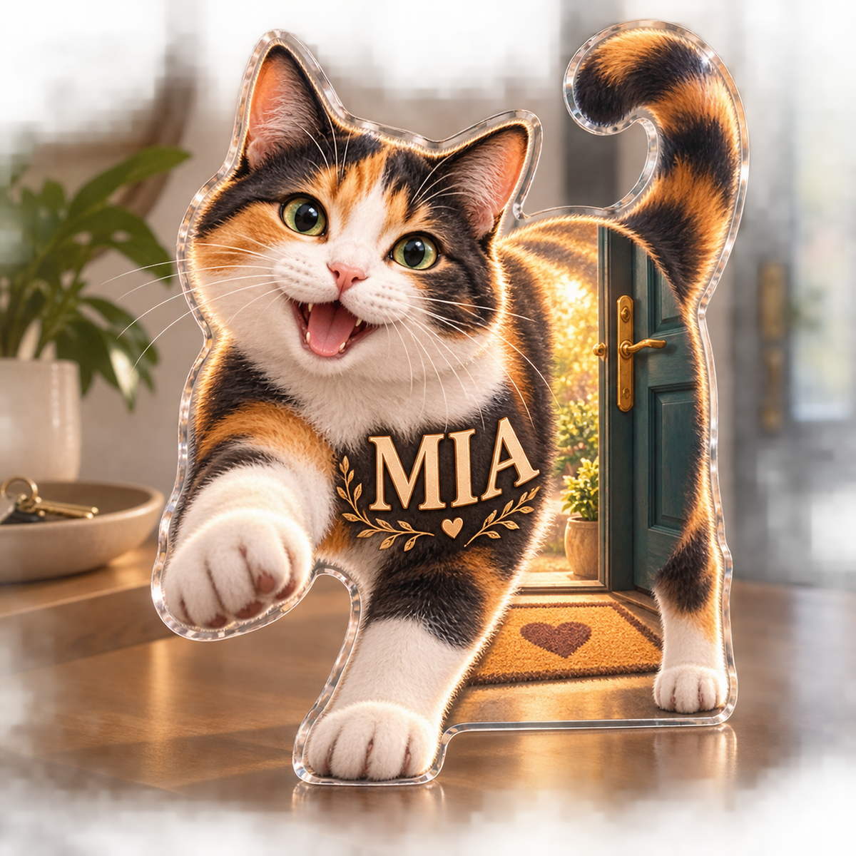 Artwork visualization: Calico cat — household welcome decor, personalized MIA, subject-shaped acrylic with printed optical 3D depth; not carved relief.